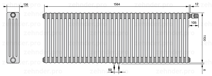 Схема (чертеж) Радиатор Zehnder Charleston 4110/34 №V008 Белый глянцевый RAL 9016